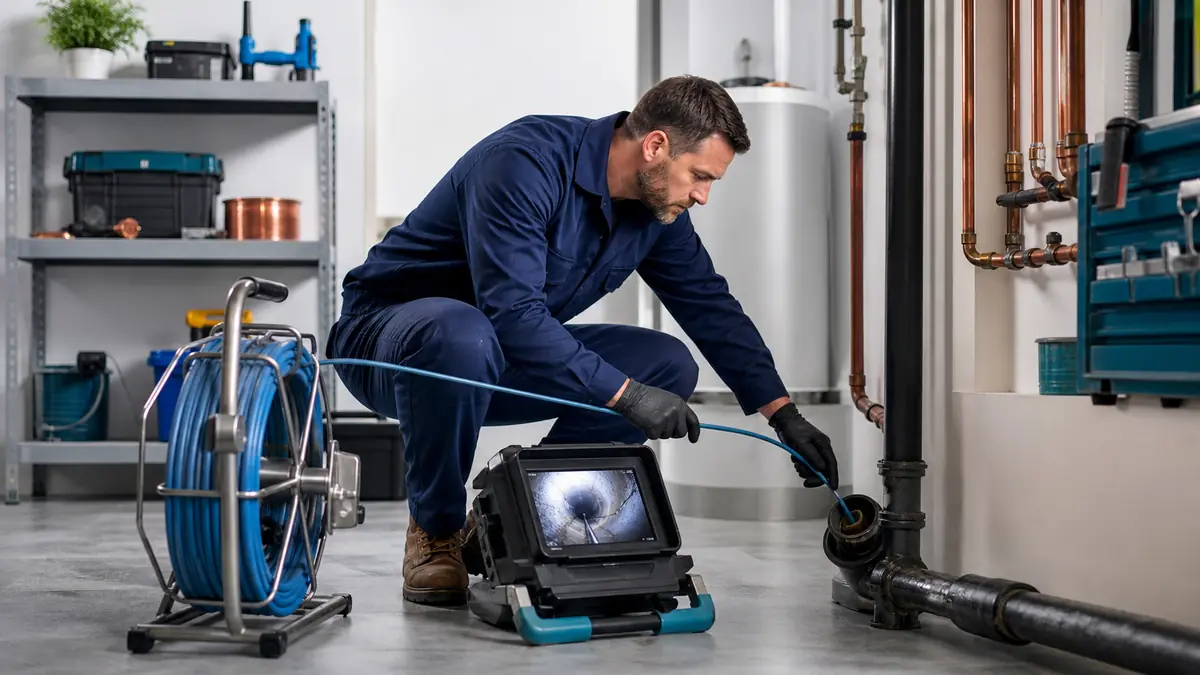 Professional plumber using drain inspection equipment in a clean utility room